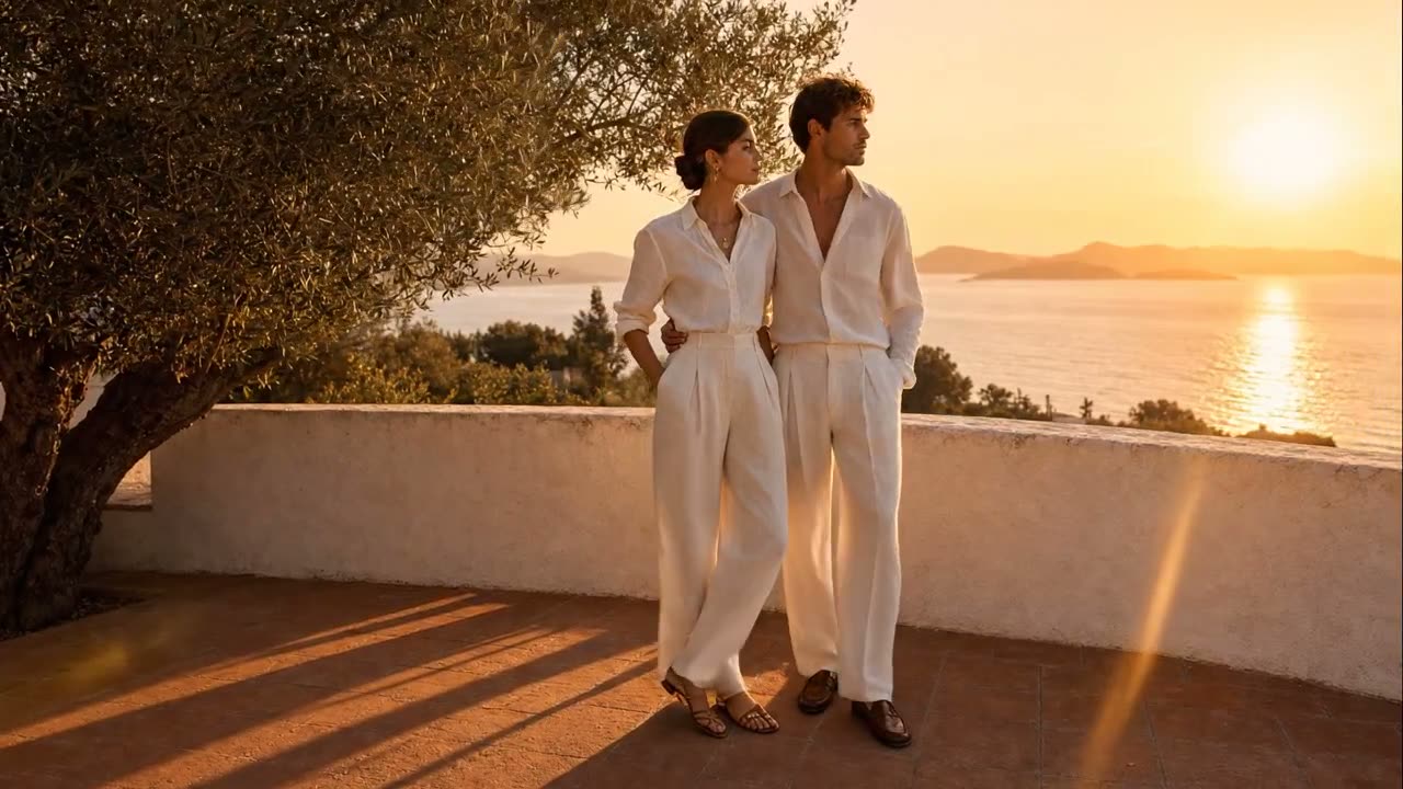 Current desktop hero — couple in ivory linen, soft late-afternoon light