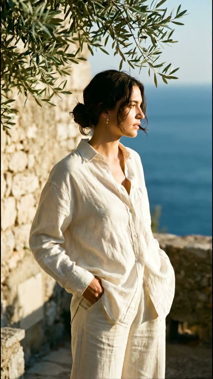 Female model on cliff, ivory linen