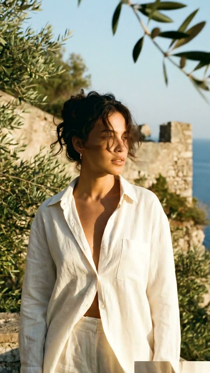 Female in white linen under olive tree