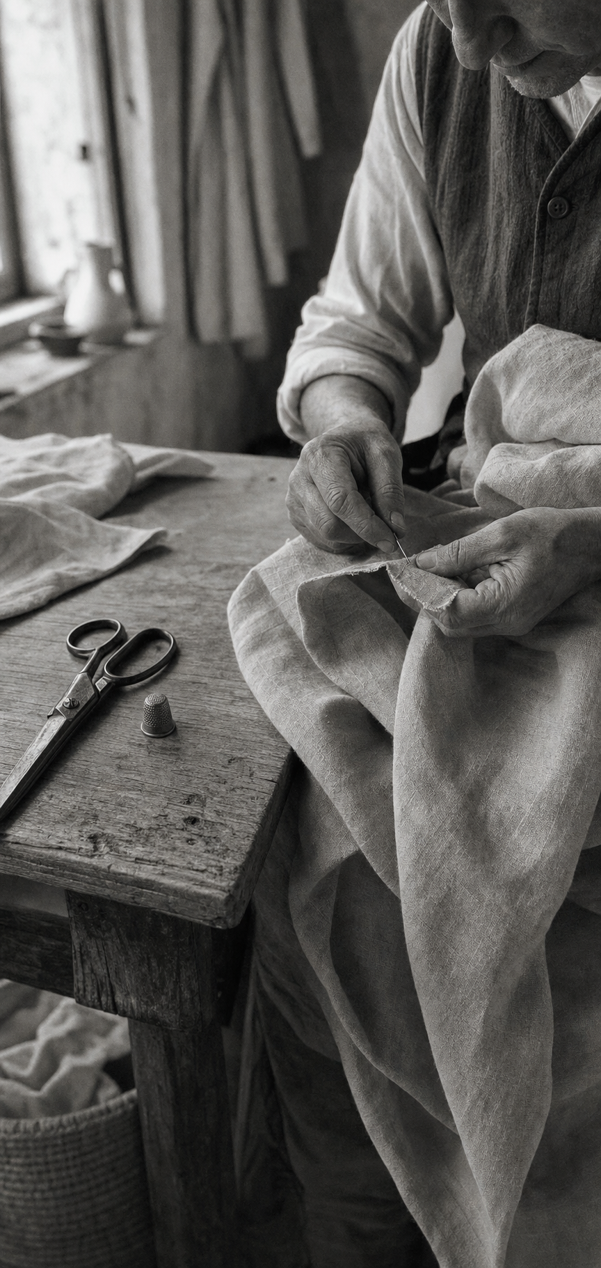 Craftsperson hand-finishing a linen hem in the atelier.