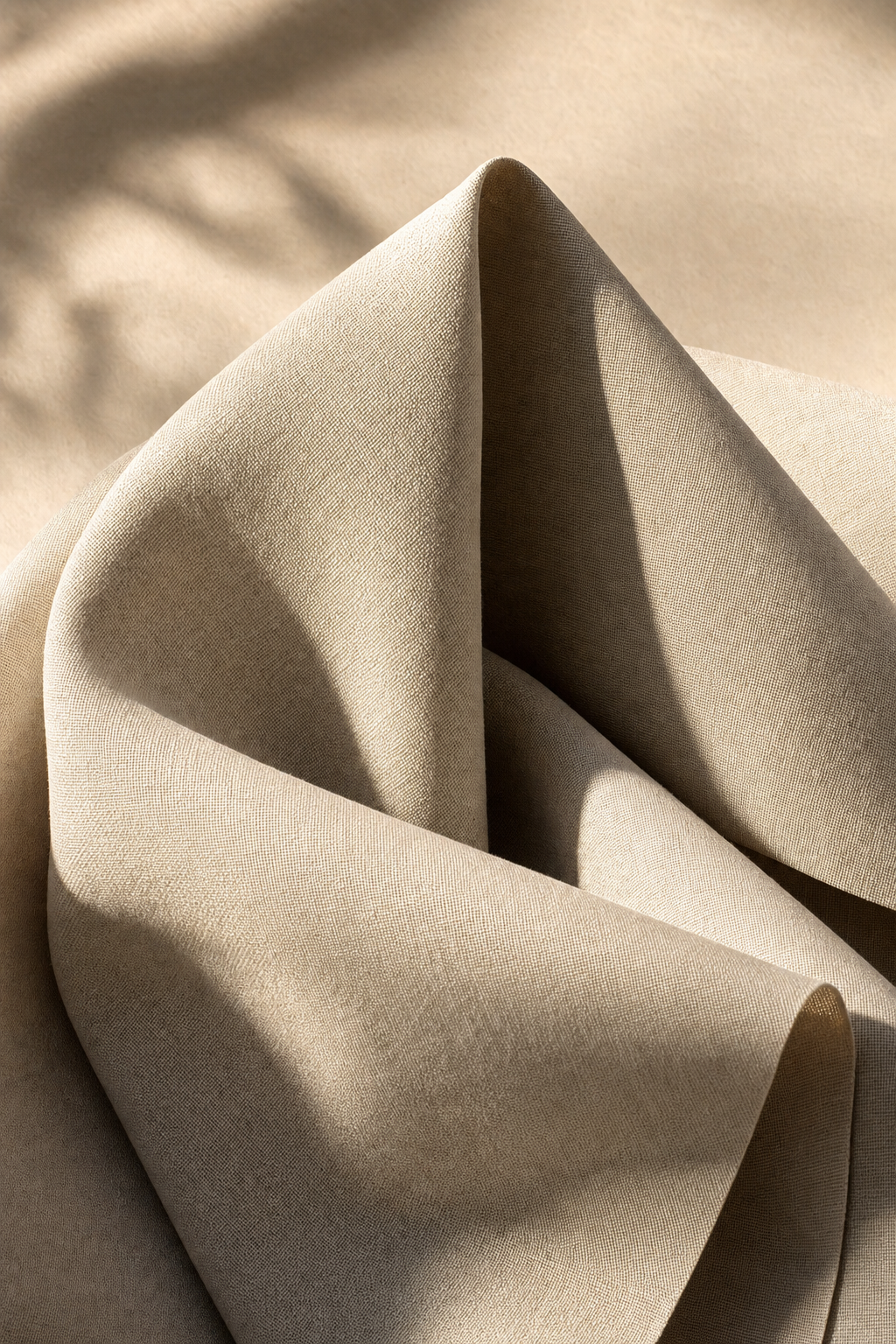 Close-up of linen and Ramie blend fabric showing crisp structured folds.
