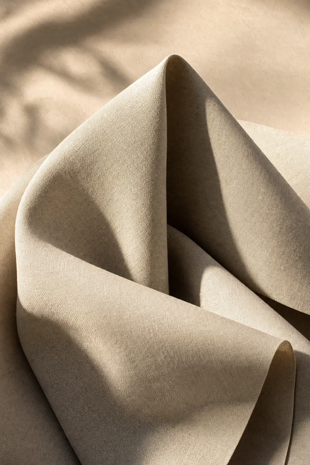 Close-up of linen and Ramie blend fabric showing crisp structured folds.