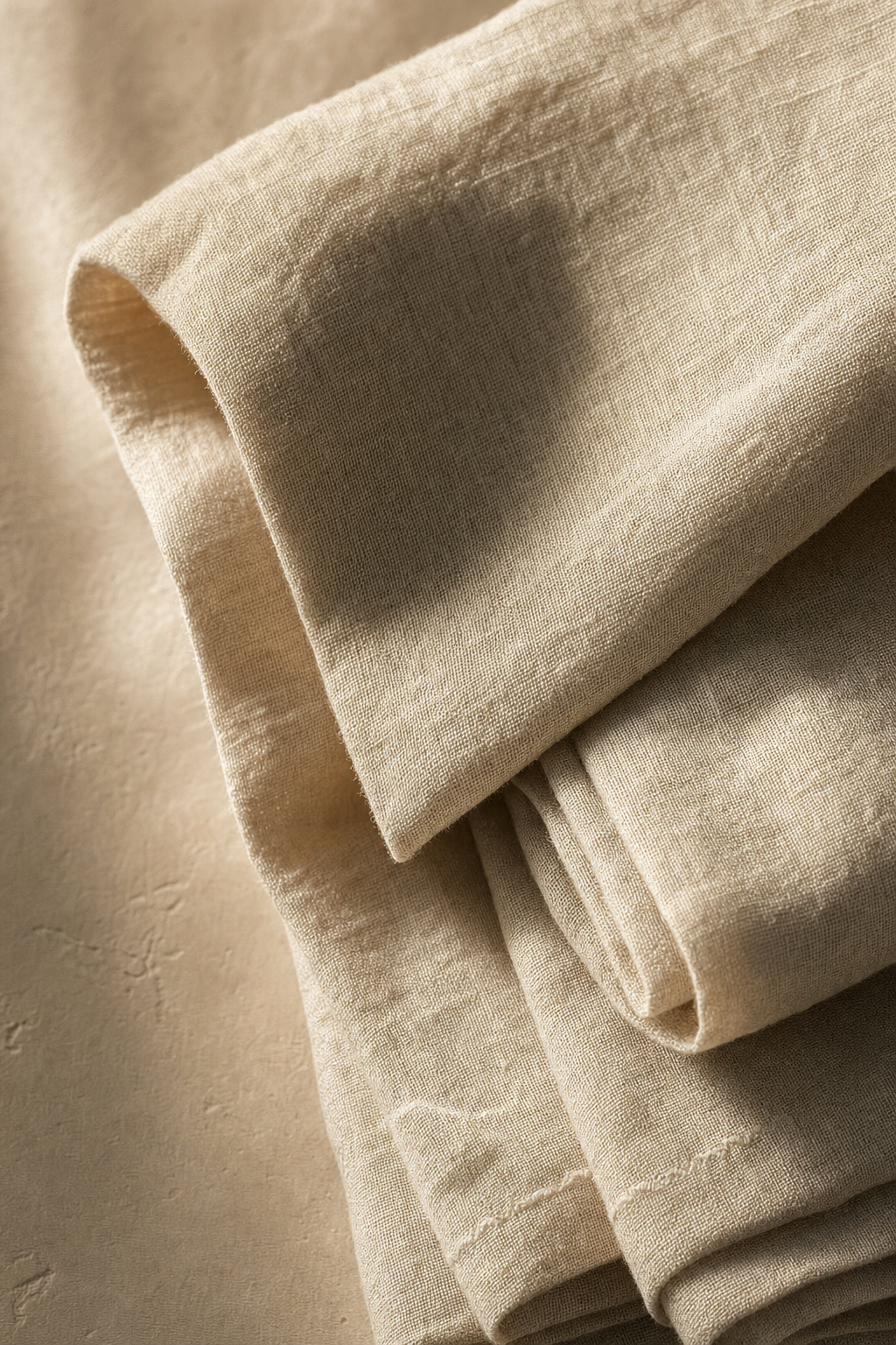 Close-up of pure 100% European flax linen fabric showing honest natural weave.