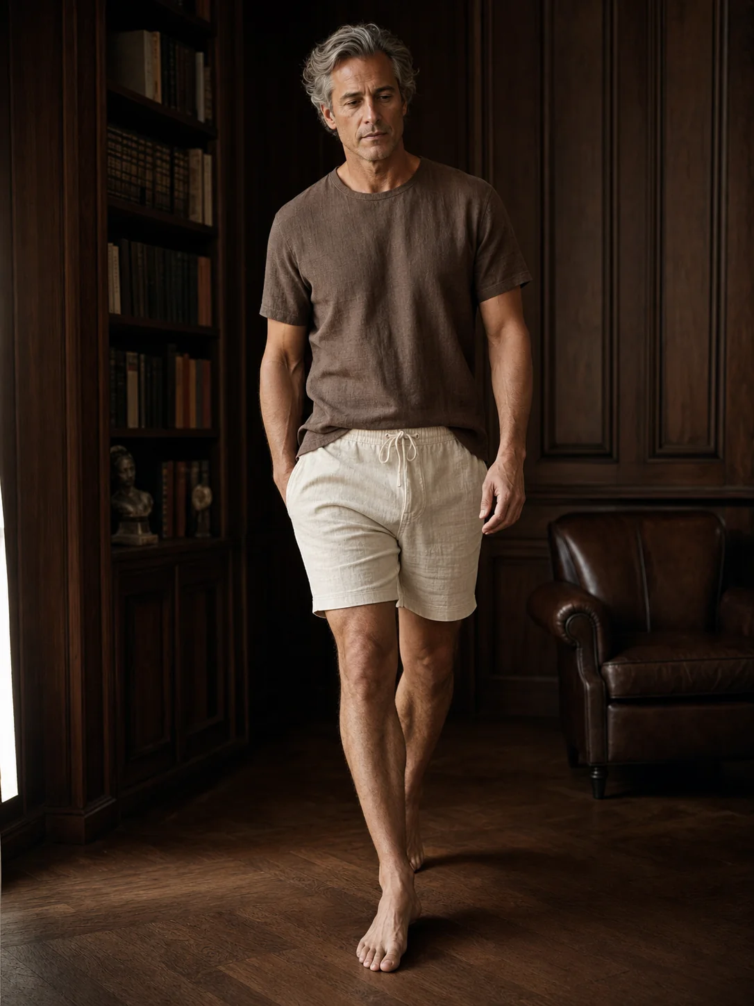 Grove — Men's Casual linen set: Coffee tee, Ivory drawstring short