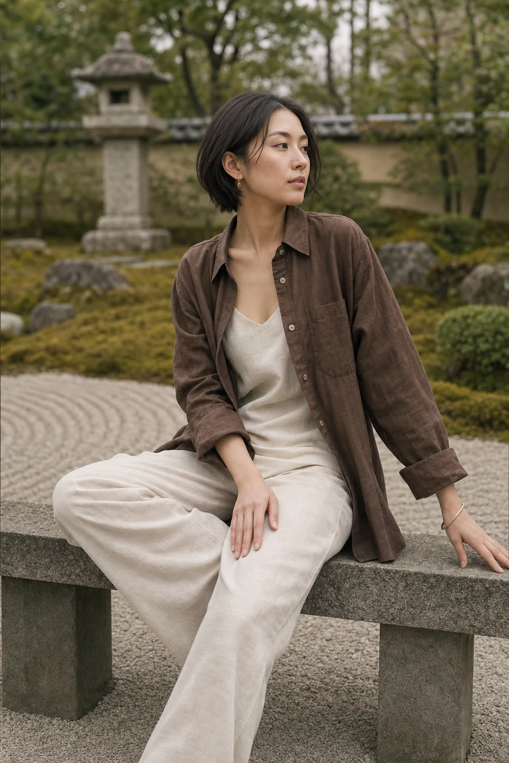 Terrace — Women's Tailored linen set: Coffee open shirt, Ivory cami, Ivory trouser