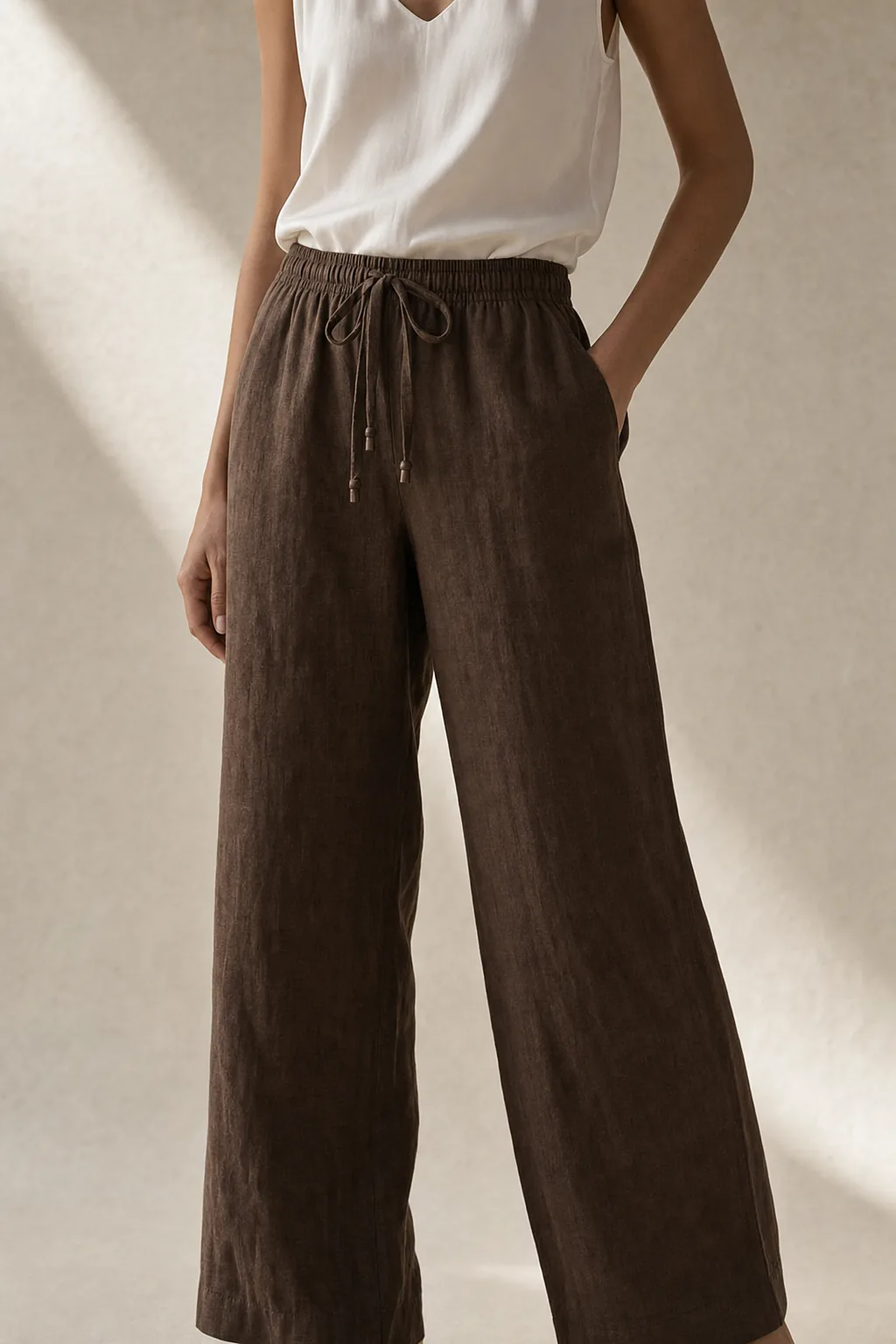 The Drawstring Linen Pant in Coffee Brown, on a woman