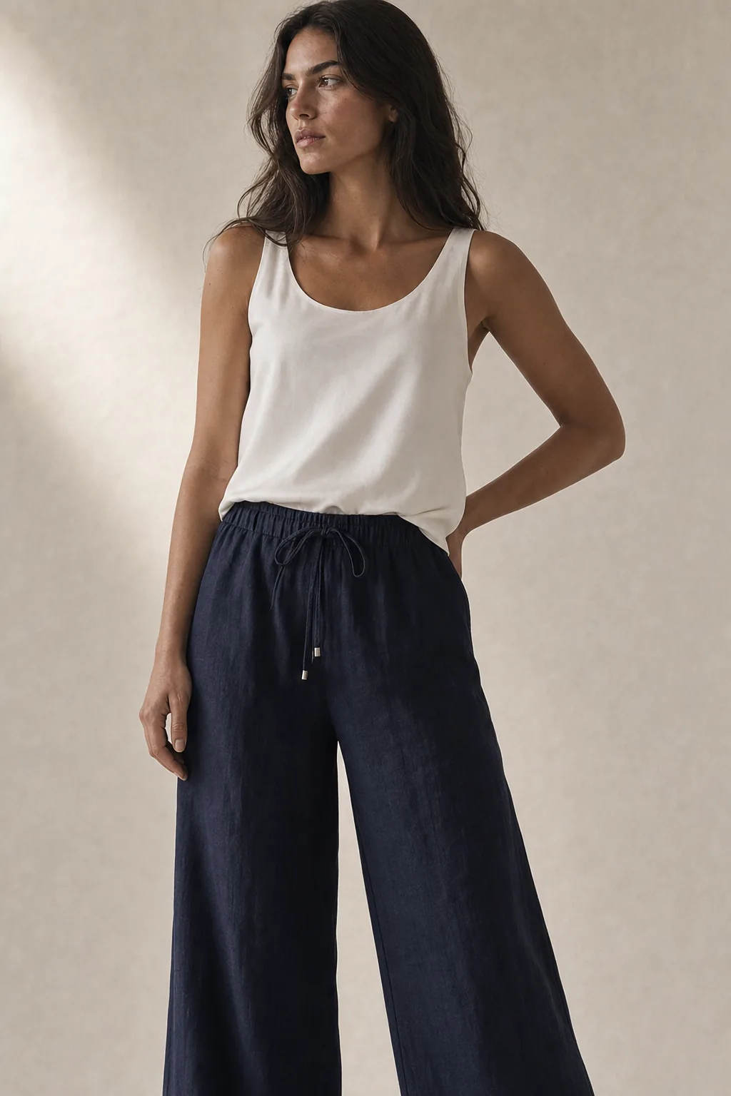 The Drawstring Linen Pant in Deep Navy, on a woman
